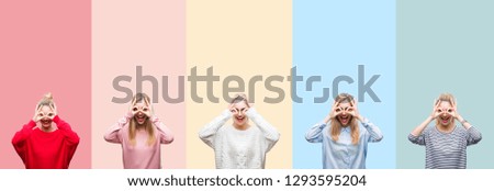 Collage of young beautiful blonde woman over vivid colorful vintage isolated background doing ok gesture like binoculars sticking tongue out, eyes looking through fingers. Crazy expression.