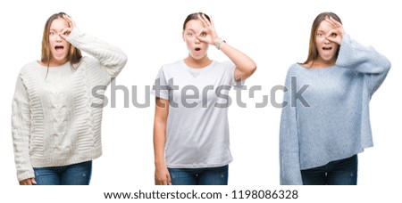 Collage of young beautiful girl wearing winter sweater over white isolated background doing ok gesture shocked with surprised face, eye looking through fingers. Unbelieving expression.