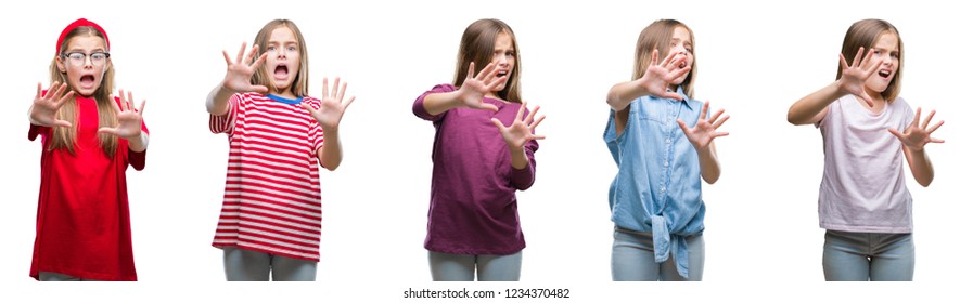 Collage Of Young Beautiful Little Girl Kid Over Isolated Background Afraid And Terrified With Fear Expression Stop Gesture With Hands, Shouting In Shock. Panic Concept.