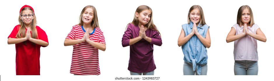 Collage Of Young Beautiful Little Girl Kid Over Isolated Background Begging And Praying With Hands Together With Hope Expression On Face Very Emotional And Worried. Asking For Forgiveness. Religion