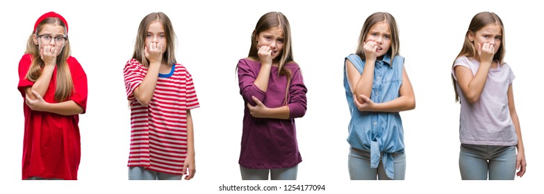 Collage Of Young Beautiful Little Girl Kid Over Isolated Background Looking Stressed And Nervous With Hands On Mouth Biting Nails. Anxiety Problem.