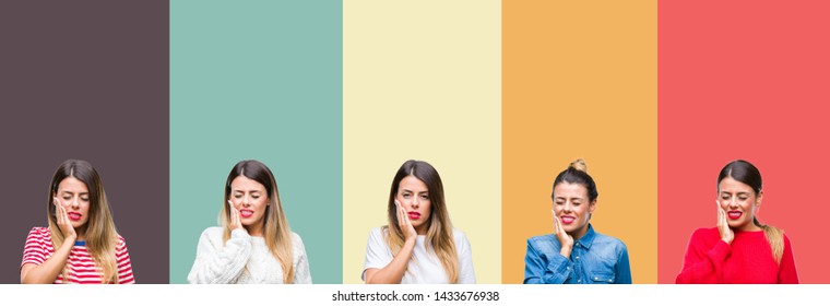 Collage Of Young Beautiful Woman Over Colorful Vintage Isolated Background Touching Mouth With Hand With Painful Expression Because Of Toothache Or Dental Illness On Teeth. Dentist Concept.