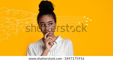 Collage with young black woman arranging her chaotic thoughts on orange background, panorama. Copy space. Millennial lady making up her mind, thinking over problem