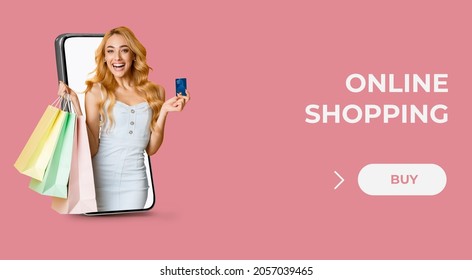 Collage With Young Blonde Woman Coming Out Of Cellphone Screen, Holding Gift Bags And Credit Card, Shopping Online On Pink Studio Background. Internet Store, Web Delivery Service Concept