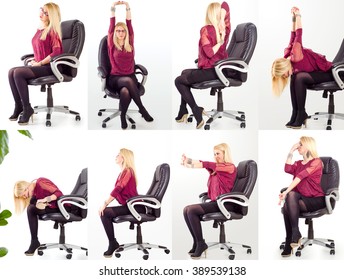 Collage Young Business Woman Doing Exercises In Her Office Chair For Neck, Shoulders And Back/office Yoga Concept