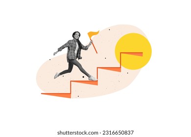 Collage of young businesswoman running climbing upstairs reach finish flag champion marathon success isolated on white color background