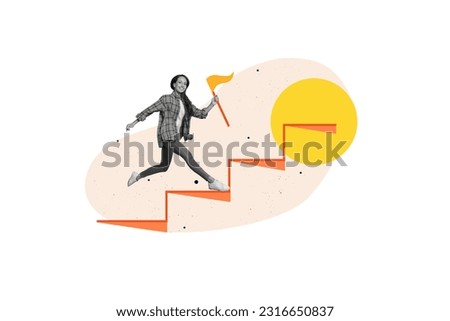 Collage of young businesswoman running climbing upstairs reach finish flag champion marathon success isolated on white color background