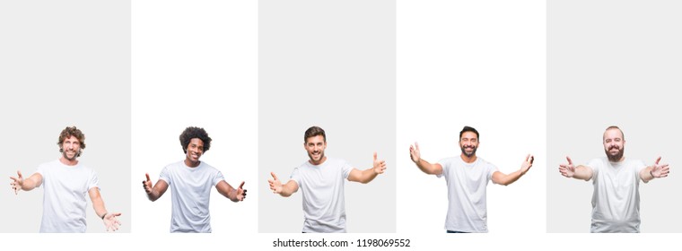 Collage of young caucasian, hispanic, afro men wearing white t-shirt over white isolated background looking at the camera smiling with open arms for hug. Cheerful expression embracing happiness.