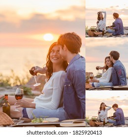 Collage Of Young Couple Playing Acoustic Guitar And Holding Wine Glasses During Picnic On Beach At Evening