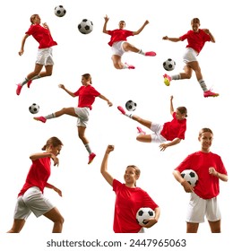 Collage. Young female football, soccer player in red uniform in motion with ball during game isolated on white background. Concept of sport, competition, tournament, action, dynamics. Set - Powered by Shutterstock