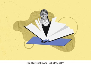 Collage of young funky schoolgirl hold magnifying glass zoom find information her favorite encyclopedia isolated on painting background - Powered by Shutterstock