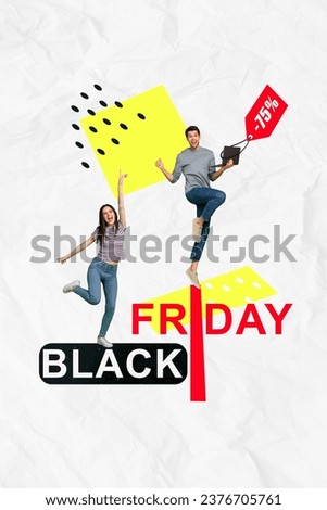 Collage of young funny husband with wife just bought new modern laptop on black friday sales isolated over white painted background