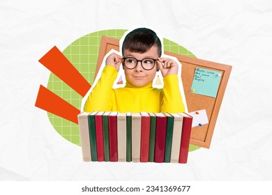 Collage of young funny schoolkid wearing eyeglasses intellect read much books library pin desk schedule lesson isolated on white background
