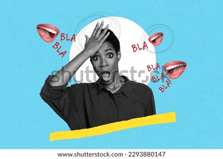 Collage of young girl confused forehead staring open mouth shocked listen bla blah spam metaphor mouths fakes isolated on blue background