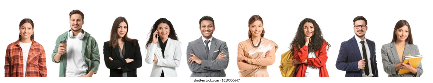 Collage with young Indian people on white background