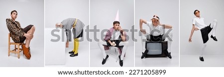 Collage. Young man in bright stylish clothes posing isolated over grey background. Weird people concept. Concept of modern fashion, art photography, style, queer, uniqueness, ad