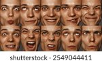 Collage. Young man displaying a wide variety of exaggerated facial expressions, from excitement to anger and confusion. Concept of human emotions, diversity, facial expression, mental health