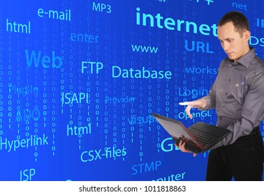 Collage with young man with laptop in hand on an abstract background of words and numbers