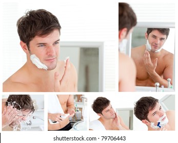 Collage Of A Young Man Shaving