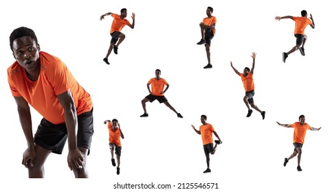 Collage of young man, track athelete doing stretching before run, training isolated over white background. Concept of sportive and active lifestyle, strength, motivation and ad
