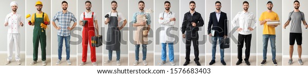 Collage with young man in uniforms of different\
professions 