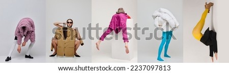 Collage. Young man and woman in bright stylish clothes posing isolated over grey background. Inner world, psychology. Concept of modern fashion, art photography, style, queer, uniqueness, ad