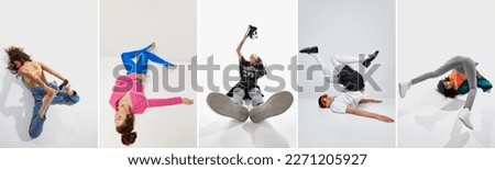 Collage. Young man and woman in bright stylish clothes posing isolated over grey background. Inner world, psychology. Concept of modern fashion, art photography, style, queer, uniqueness, ad