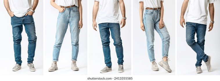 Collage of young man and woman in stylish jeans pants on light background