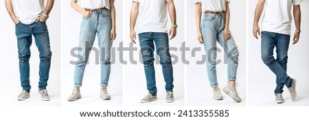 Collage of young man and woman in stylish jeans pants on light background