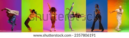 Collage. Young men and women dancing modern style dances, hip hop over multicolored background in neon light. Concept of art, choreography, creativity, hobby, movements. Banner, flyer, ad