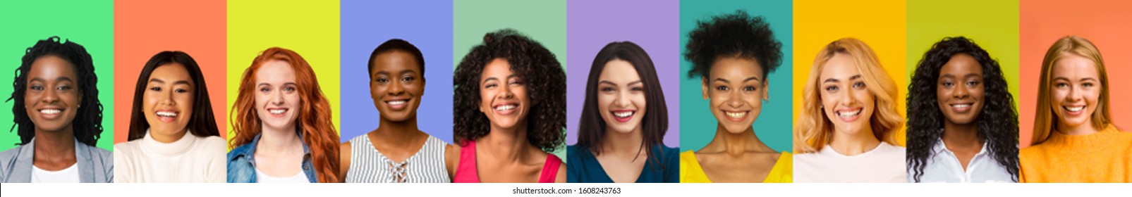 Collage Of Young Multiethnic Happy Women Over Colorful Backgrounds, Panorama, International Beauty Community