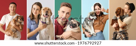 Collage of young owners and their cute dogs on color background