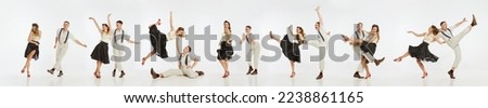 Collage. Young people, man and woman in stylish retro clothes dancing swing isolated over grey background. Party, hobby, Music, energy, happiness, mood, action, relationship