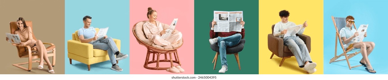 Collage of young people reading newspapers on color background - Powered by Shutterstock