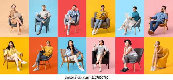 Collage of young people sitting in comfortable armchairs on color background - Shutterstock ID 2217886783