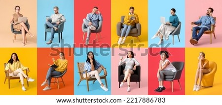 Collage of young people sitting in comfortable armchairs on color background