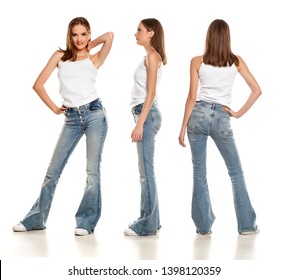 Collage Of Young Pretty Woman Posing In Bell Bottom Jeans On White Background