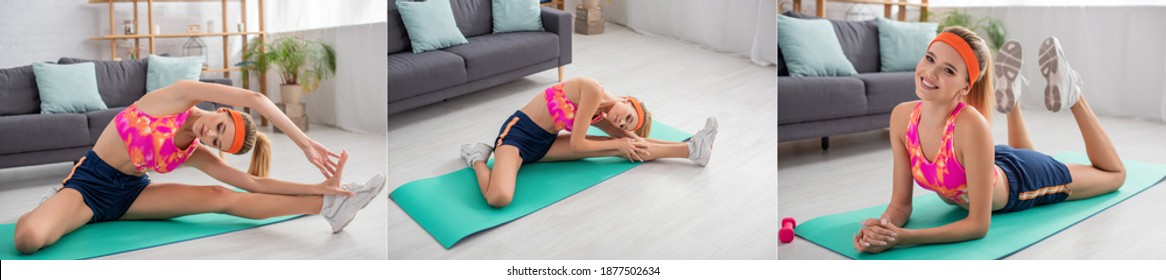 Collage of young smiling sportswoman looking at camera and stretching on fitness mat at home, banner