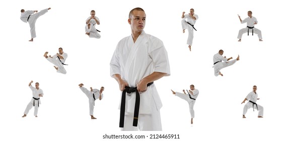 Collage of young sportive man in white kimono practising, training martial arts, karate isolated over white background. Concept of martial art, combat sport, energy, fit, strength, motivation and ad - Powered by Shutterstock