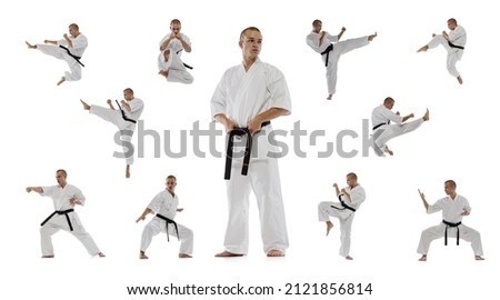 Collage of young sportive man in white kimono practising, training martial arts, karate isolated over white background. Concept of martial art, combat sport, energy, fit, strength, motivation and ad