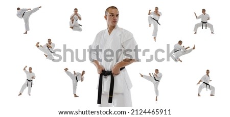 Collage of young sportive man in white kimono practising, training martial arts, karate isolated over white background. Concept of martial art, combat sport, energy, fit, strength, motivation and ad