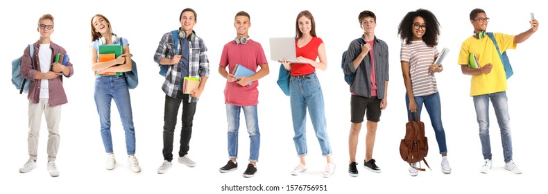 Collage with young students on white background