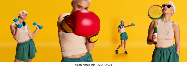 Collage. Young stylish woman with short hair training with tennis racket, dumbbells and in boxing gloves on yellow background. Concept of youth, beauty, fashion, lifestyle, sport, health, fitness. Ad - Shutterstock ID 2254709533
