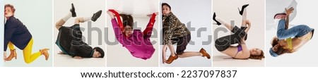 Collage. Young weird people, man and woman in bright clothes posing in extraordinary pse over grey background. Self-expression. Concept of modern fashion, art photography, style, queer, uniqueness, ad