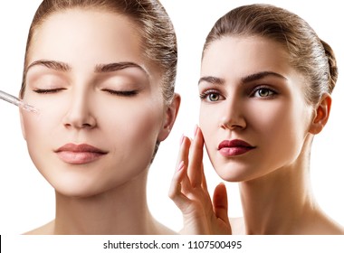 Collage Of Young Woman Applying Primer Oil On Face. Cleansing Procedures Concept.