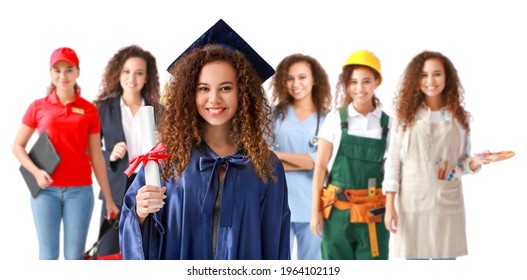 Collage Of Young Woman In Bachelor Robe And Uniforms Of Different Professions On White Background. Concept Of Profession Selection