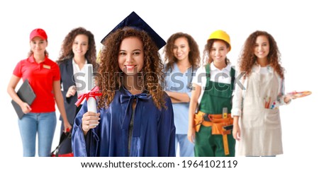 Collage of young woman in bachelor robe and uniforms of different professions on white background. Concept of profession selection