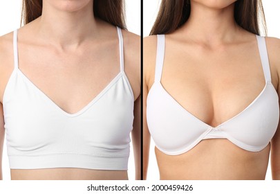 Collage of young woman in bra with different sizes of breast on white background. Plastic surgery concept