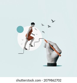 Collage with a young woman and a career ladder. Business concept. - Shutterstock ID 2079862702