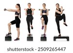 Collage of young woman doing aerobic exercises with step platform on white background